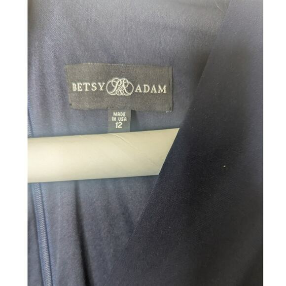 Betsy & Adam Navy blue cascading side ruffle long dress high slit  sz 12 - Picture 11 of 11